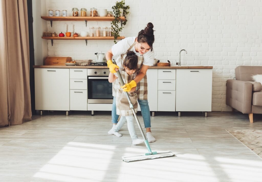 Mom and daughter cleaning